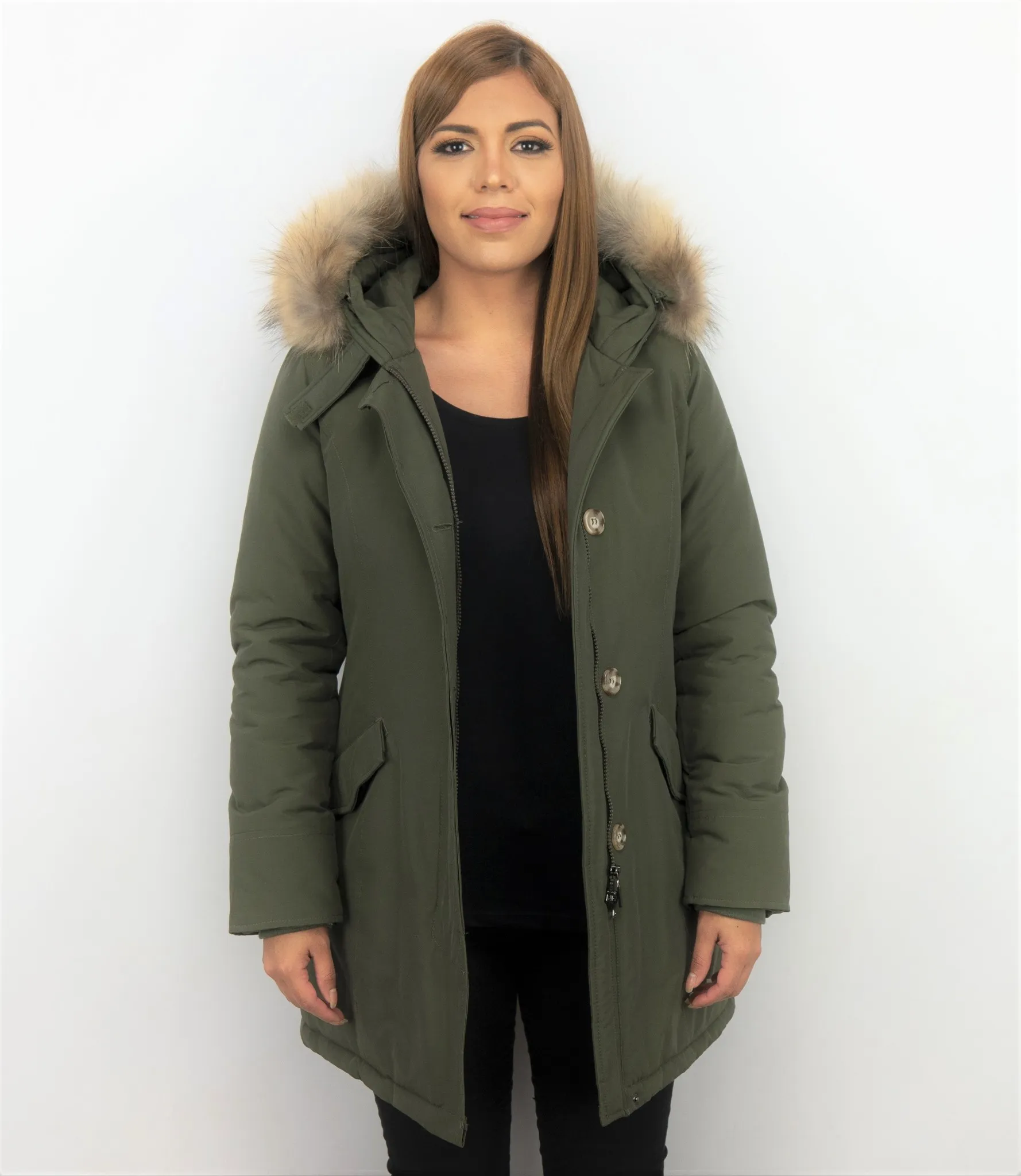 TheBrand Fur Collar Coat - Women's Winter Coat Long - Parka Stitch Pocket -  Khaki