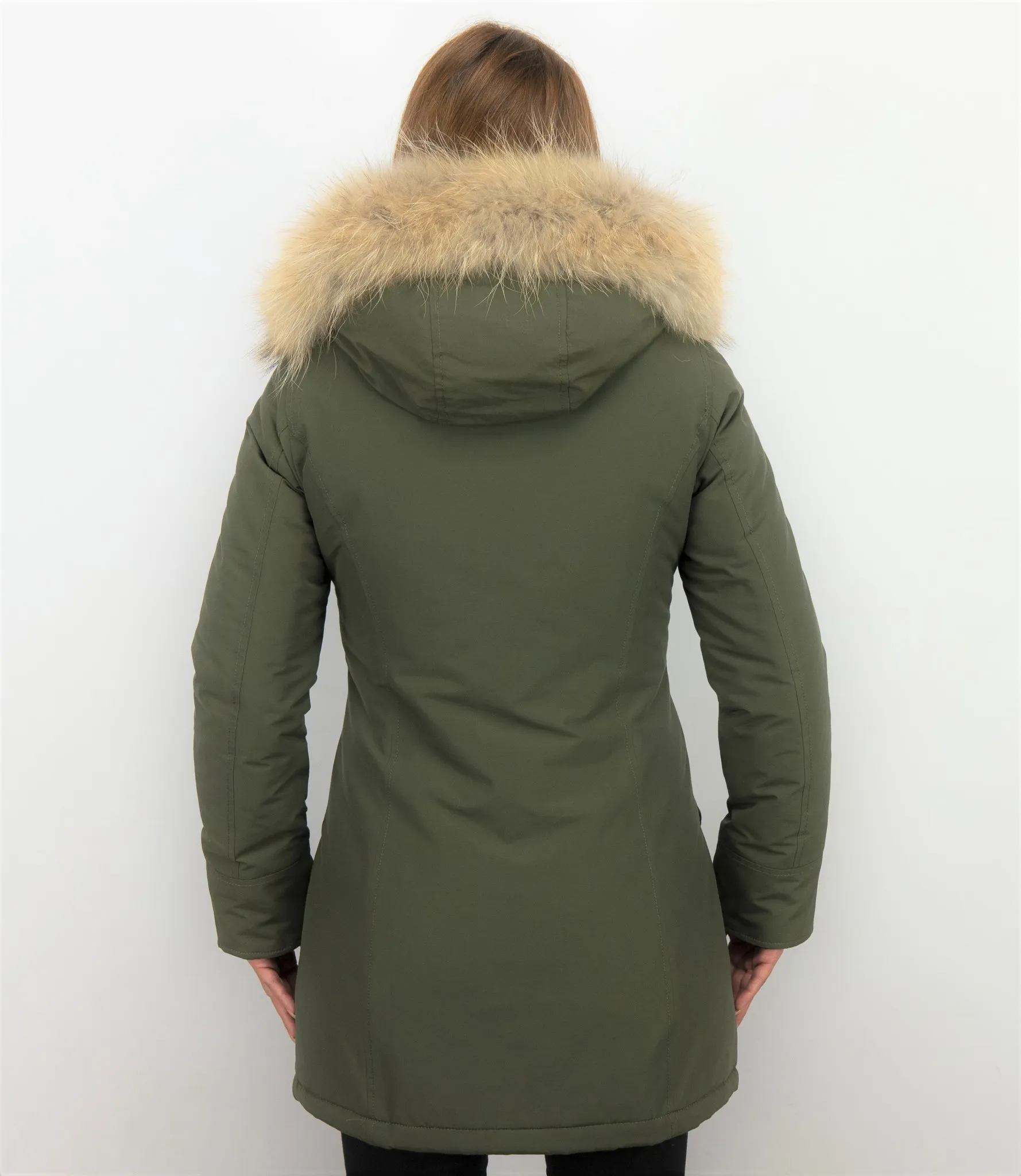 TheBrand Fur Collar Coat - Women's Winter Coat Long - Parka Stitch Pocket -  Khaki