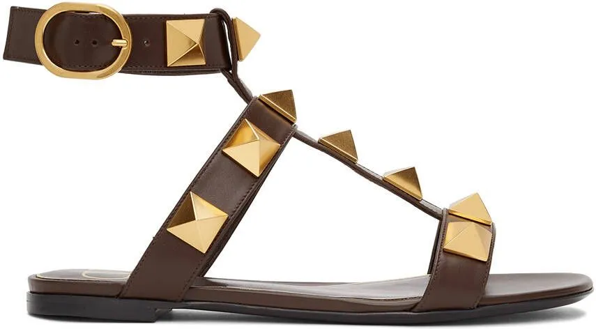 Valentino Garavani Brown Leather Roman Stud Flat Sandals