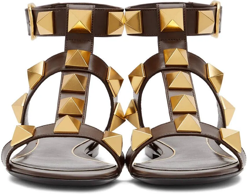 Valentino Garavani Brown Leather Roman Stud Flat Sandals