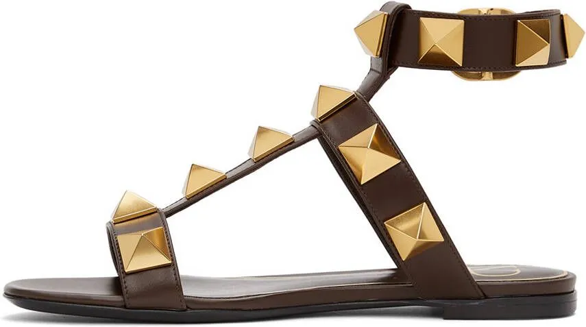 Valentino Garavani Brown Leather Roman Stud Flat Sandals