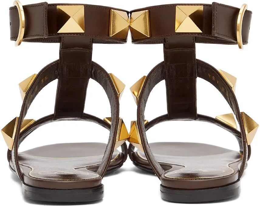 Valentino Garavani Brown Leather Roman Stud Flat Sandals