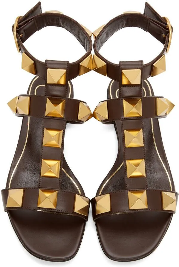 Valentino Garavani Brown Leather Roman Stud Flat Sandals