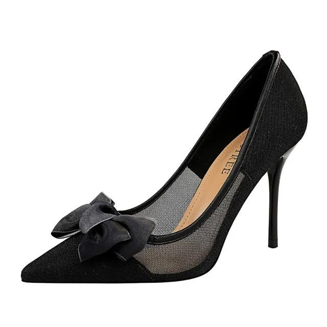 Women's Blue Black Tacones Pumps with Butterfly Knots Mesh Stiletto Heel