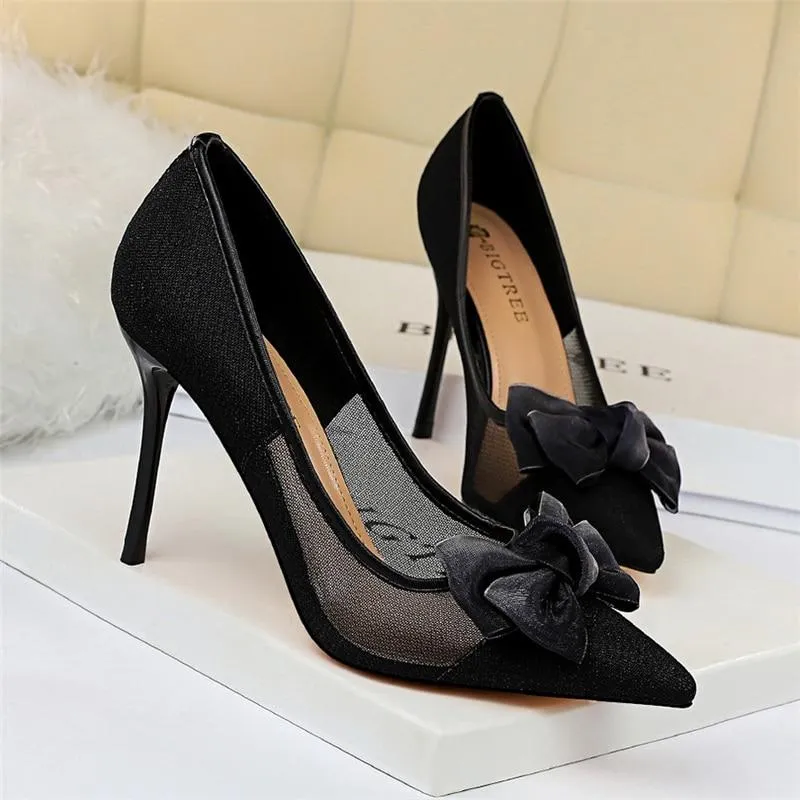 Women's Blue Black Tacones Pumps with Butterfly Knots Mesh Stiletto Heel