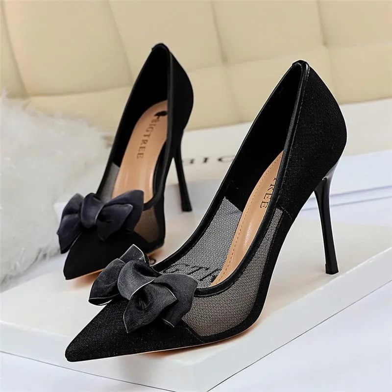 Women's Blue Black Tacones Pumps with Butterfly Knots Mesh Stiletto Heel