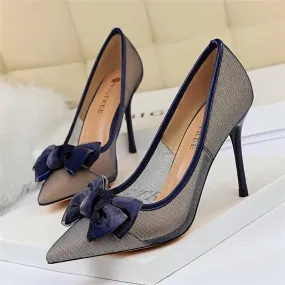 Women's Blue Black Tacones Pumps with Butterfly Knots Mesh Stiletto Heel