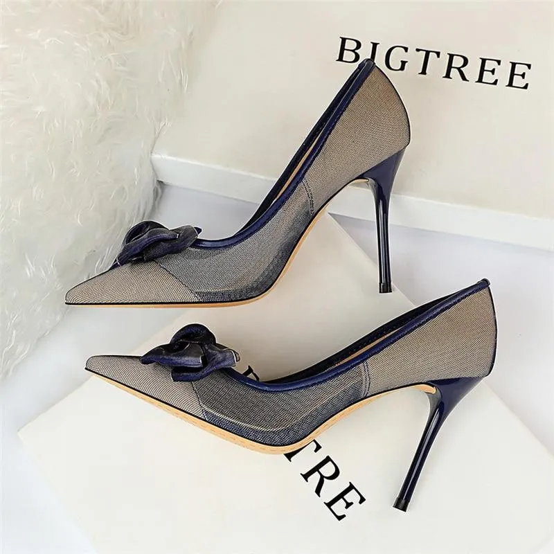 Women's Blue Black Tacones Pumps with Butterfly Knots Mesh Stiletto Heel