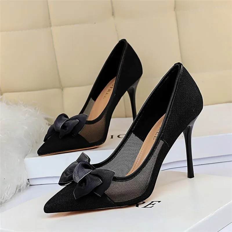 Women's Blue Black Tacones Pumps with Butterfly Knots Mesh Stiletto Heel