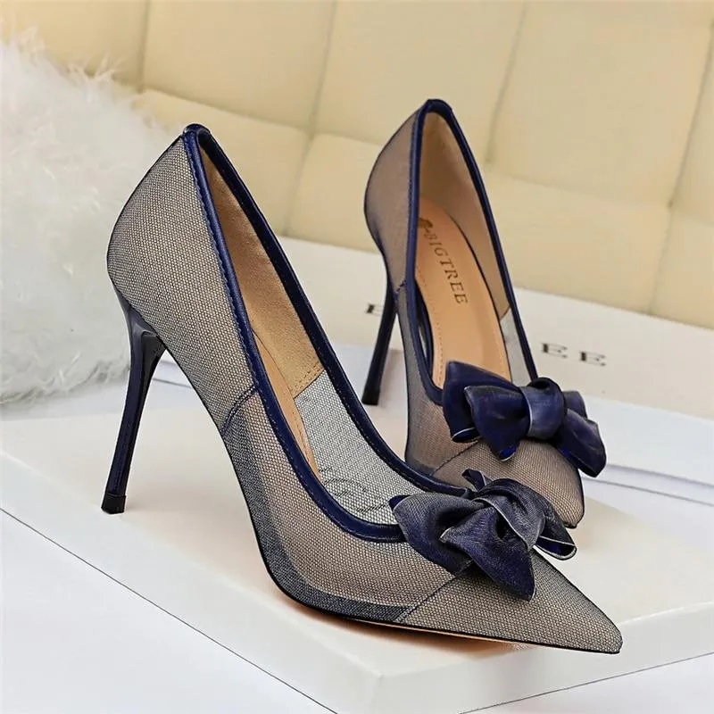 Women's Blue Black Tacones Pumps with Butterfly Knots Mesh Stiletto Heel