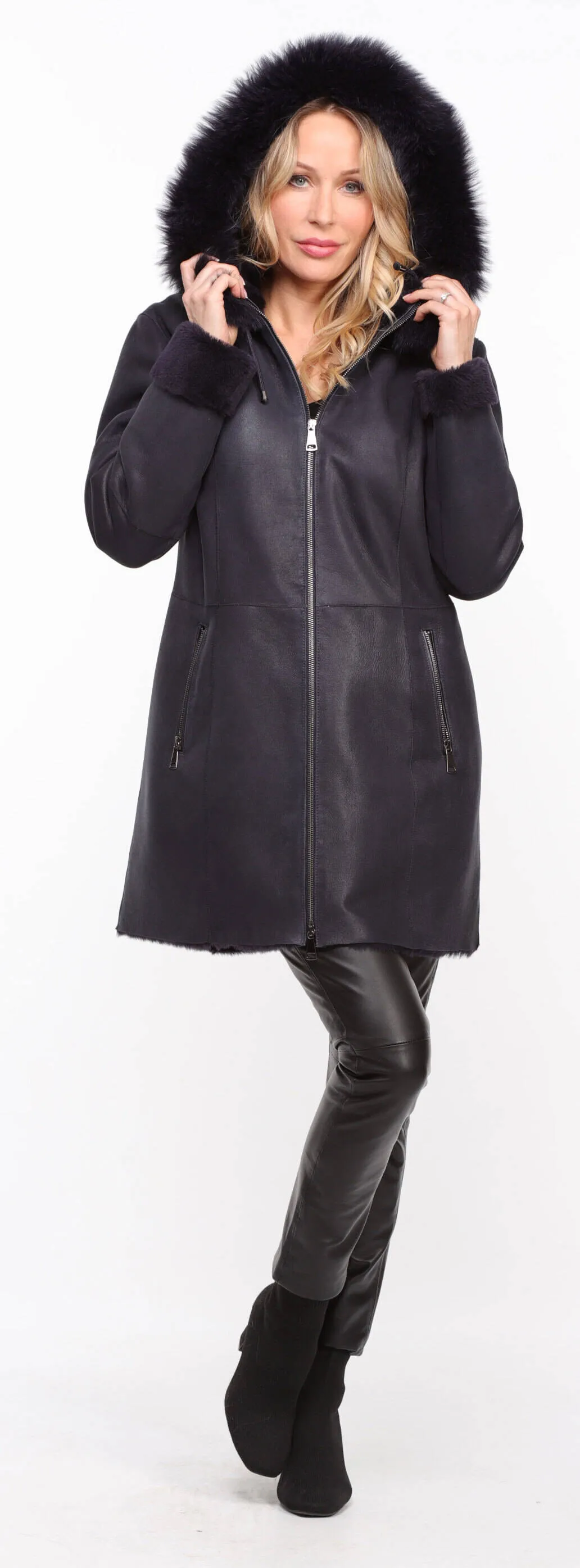 Women's navy \aurelia\ hooded sheepskin coat