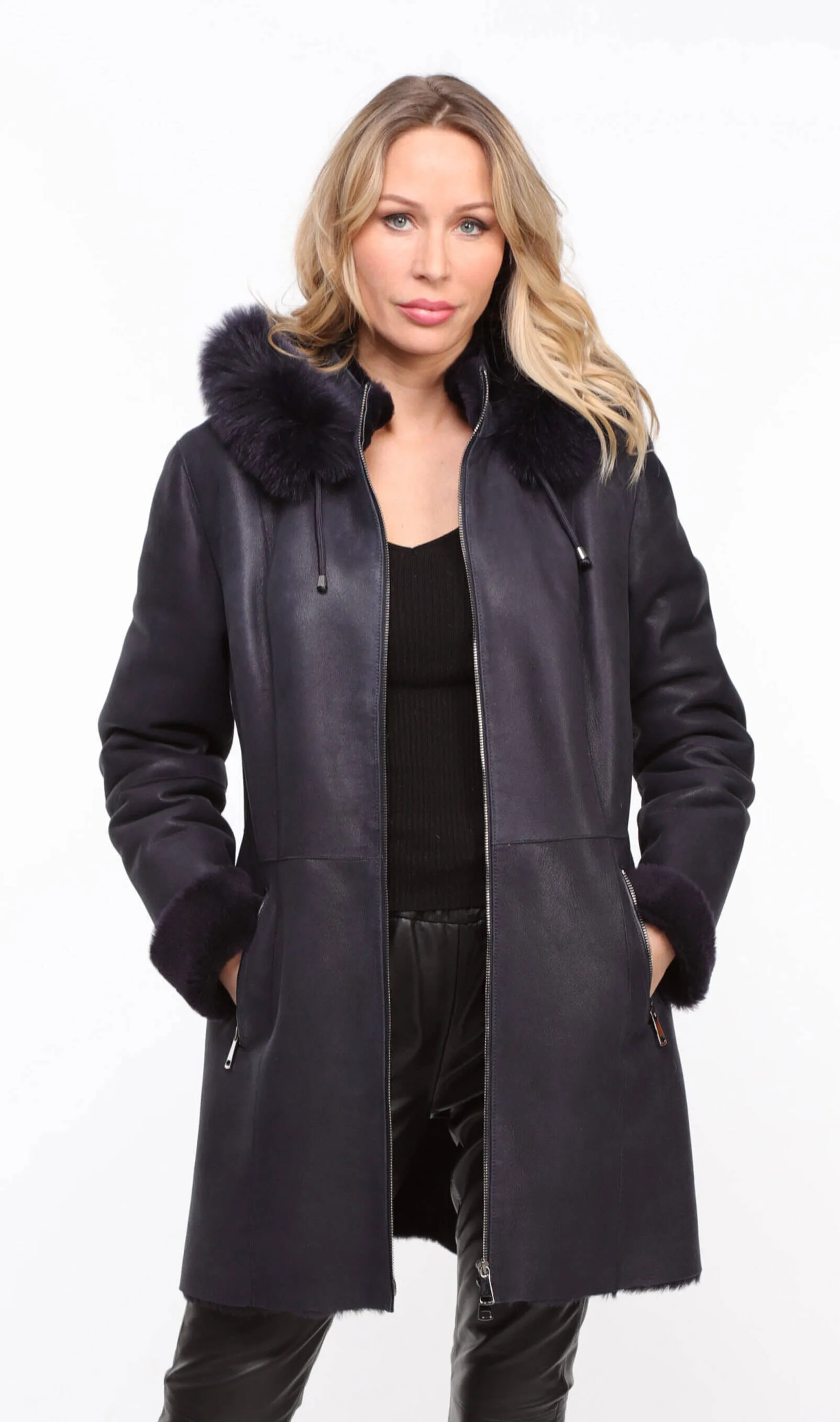 Women's navy \aurelia\ hooded sheepskin coat