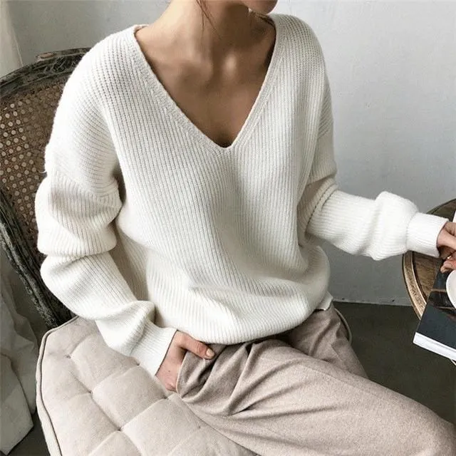 Womens Sweaters 2020 Autumn Winter Casual V Neck Women Pullover Sweater Solid Long Sleeve Fashion Loose Knitted Cashmere Top