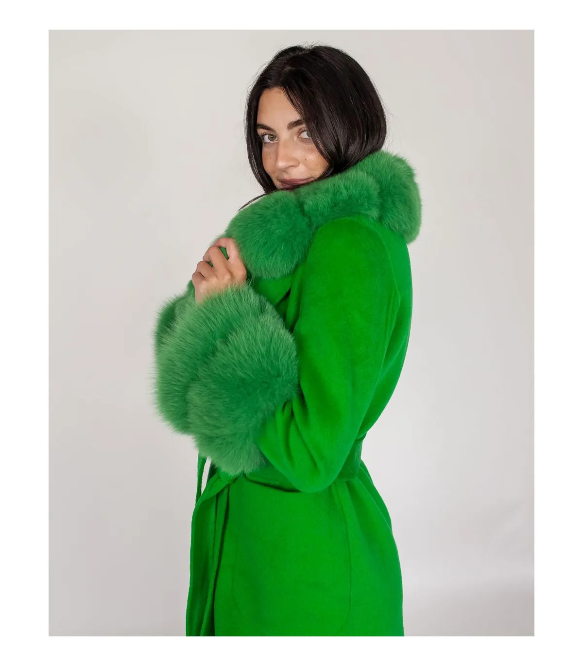 Wool Wrap Coat With Fox Fur Trim In Kelly Green | Green Fur Coat at FurSource.com