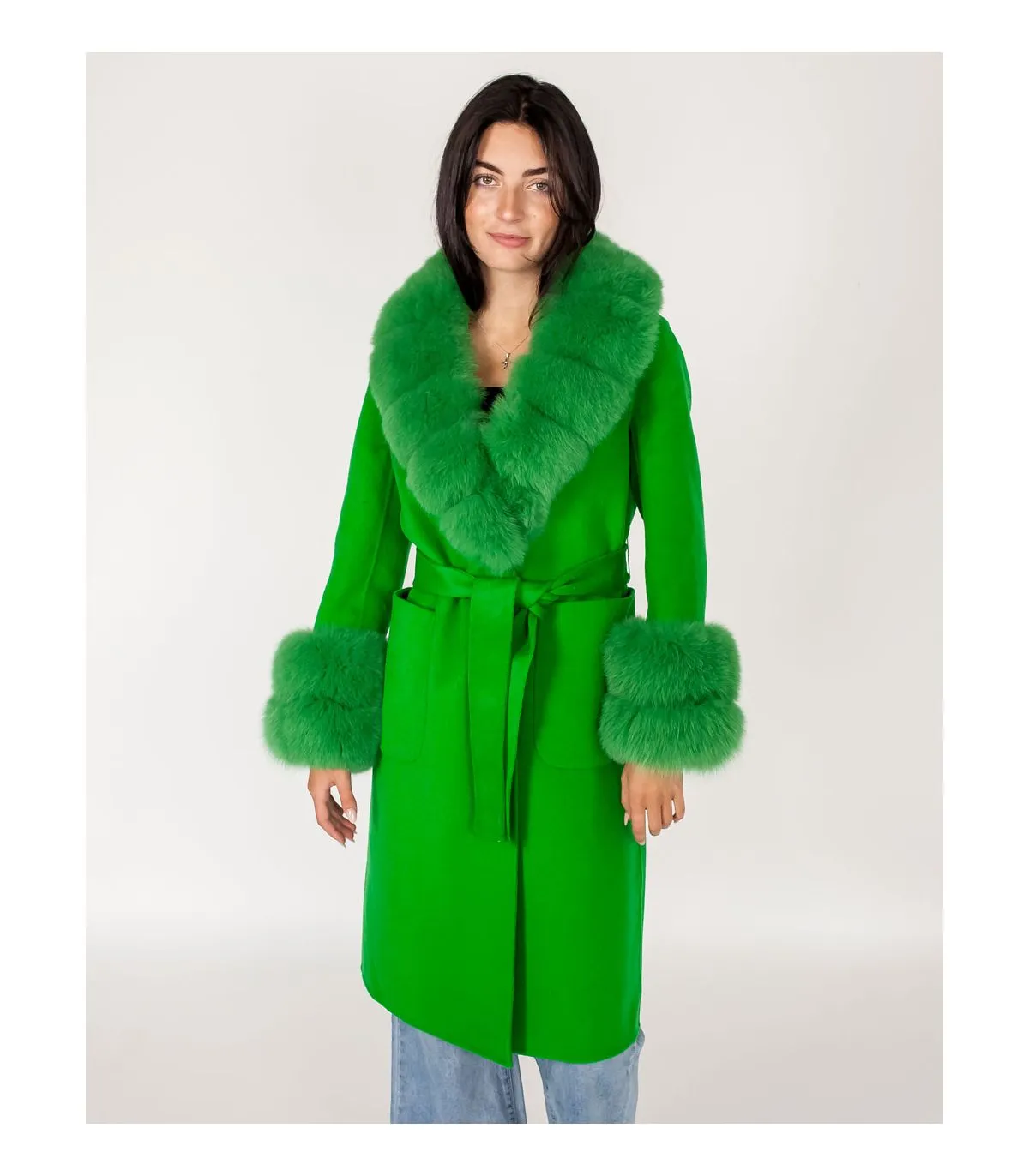 Wool Wrap Coat With Fox Fur Trim In Kelly Green | Green Fur Coat at FurSource.com