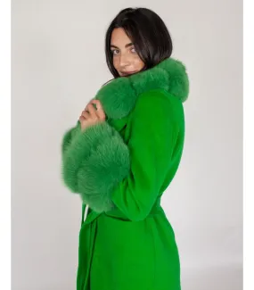 Wool Wrap Coat With Fox Fur Trim In Kelly Green | Green Fur Coat at FurSource.com