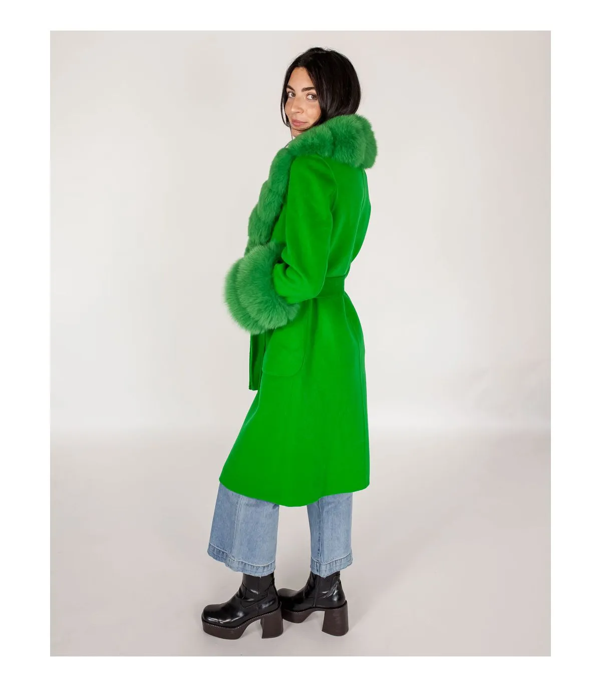 Wool Wrap Coat With Fox Fur Trim In Kelly Green | Green Fur Coat at FurSource.com