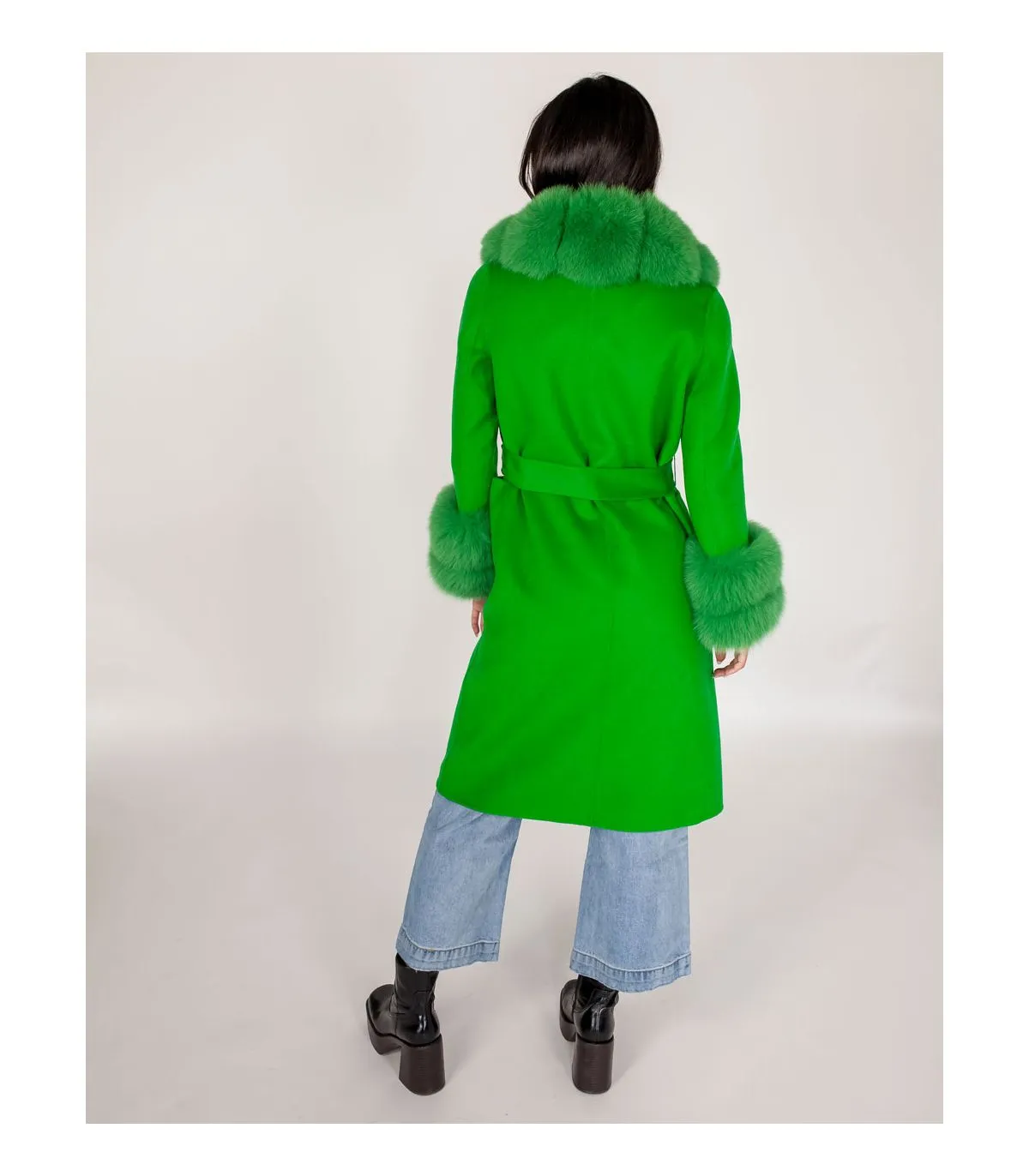 Wool Wrap Coat With Fox Fur Trim In Kelly Green | Green Fur Coat at FurSource.com