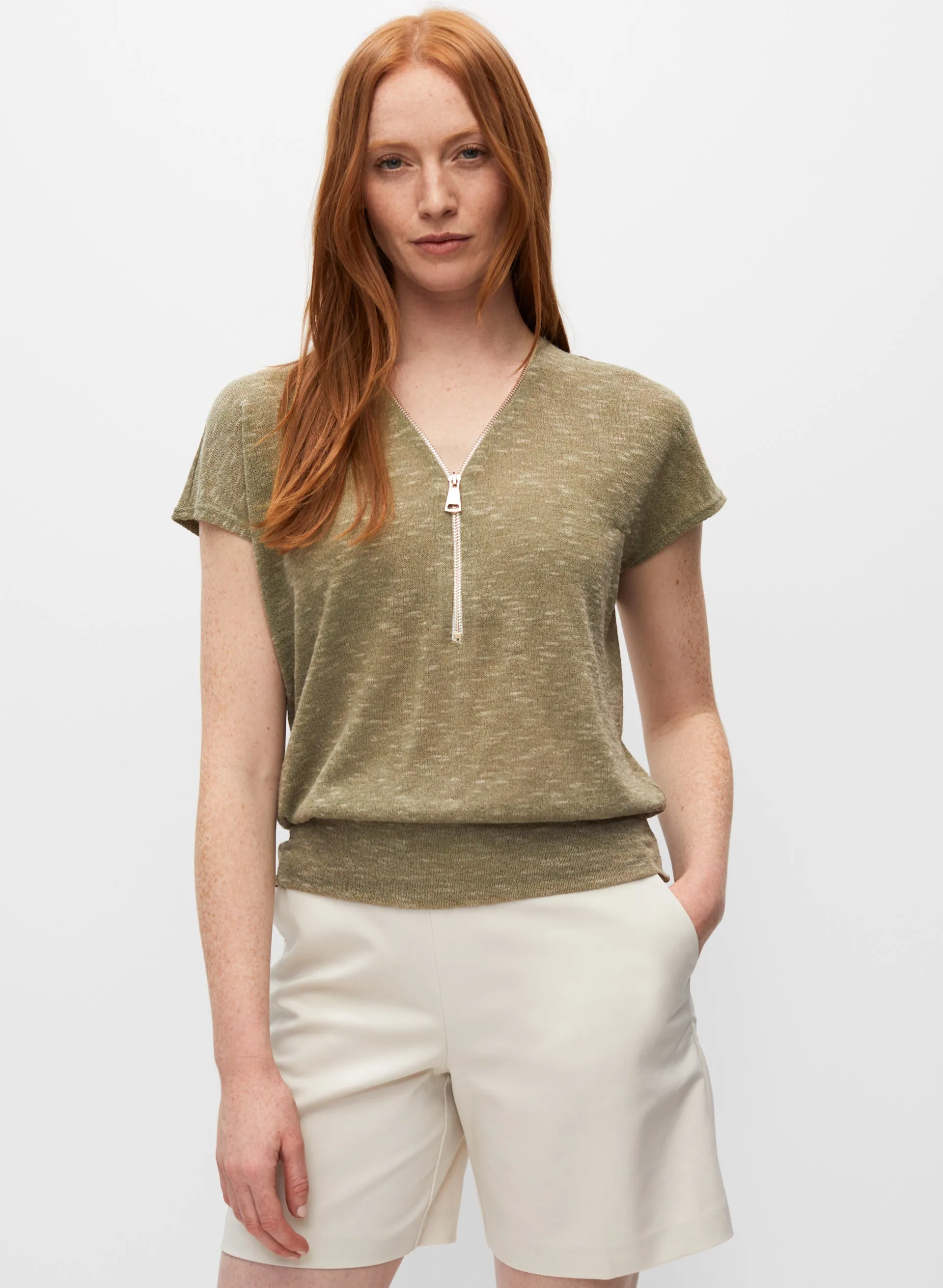 Zipper V-Neck Elastic Hem Top